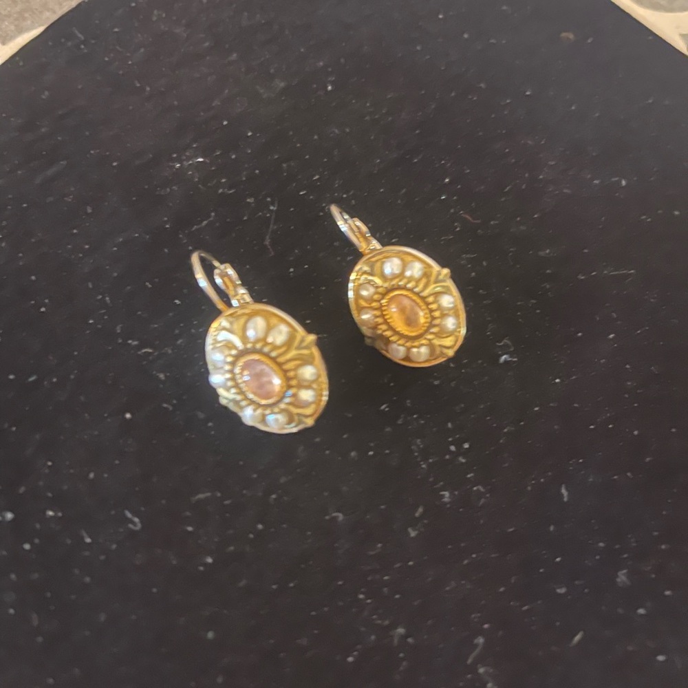 Gold-Tone Floral Drop Earrings with Amber Center